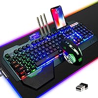 Wireless Gaming Keyboard Mouse & Mouse Pad Combo,3 in 1 Rainbow Backlit Rechargeable Keyboard with 3800mAh Battery Metal Panel Removable Hand Rest,RGB Gaming Mouse Pad(32.5x12 inch),Mute Gaming Mice