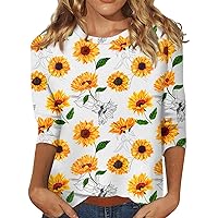 Sunflower Shirt for Women Casual 3/4 Length Sleeves Summer Tops Elegant Crewneck Blouse Baisc Tops for Ladies Loose Fit