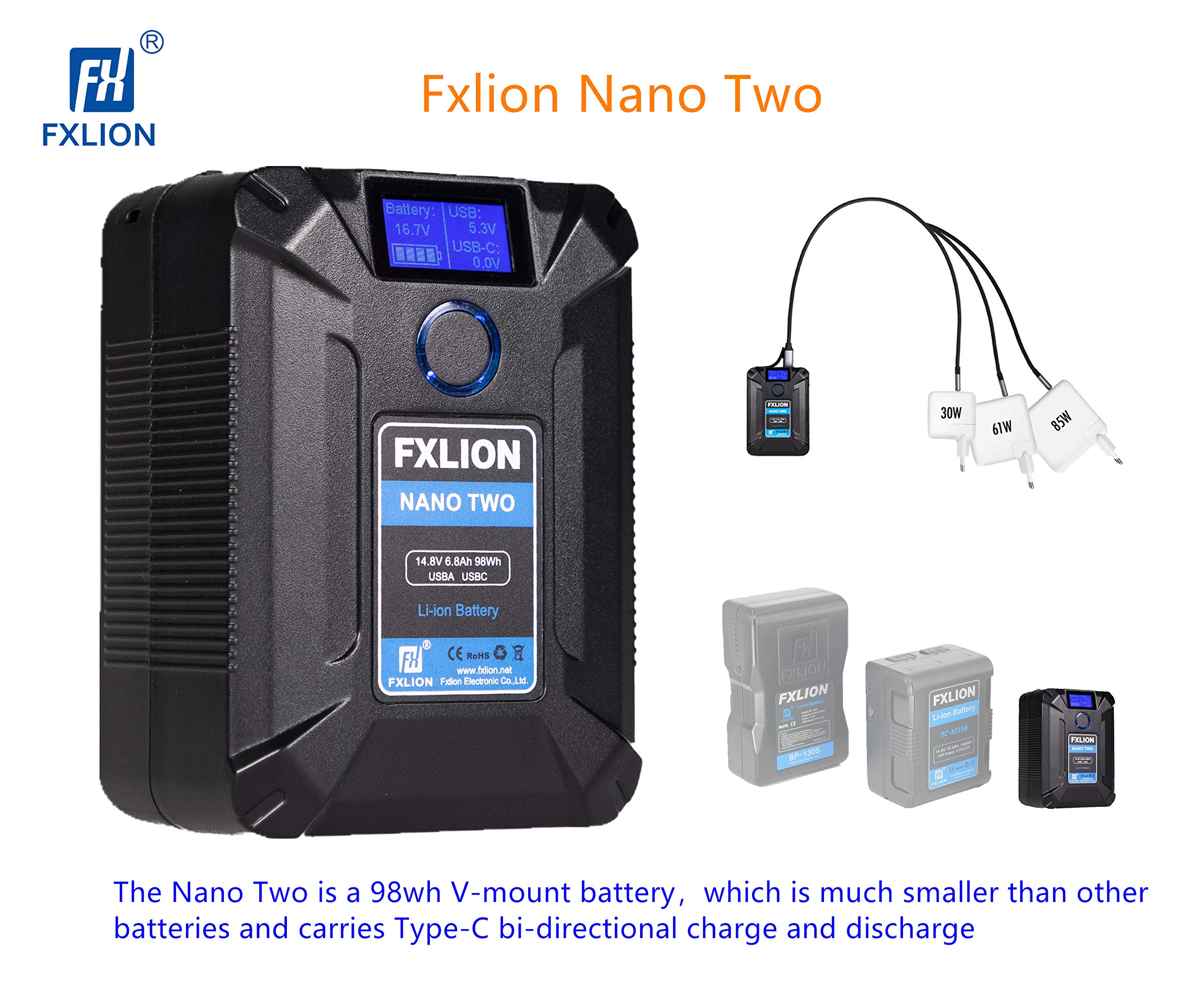 SONGING FXLION Nano Two 98WH Tiny V-Mount/V-Lock Battery with Type-C, D-tap, USB A, Micro USB for Cameras, Camcorders,Large LED Lights, Monitors, MacBook and Smartphone