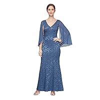 S.L. Fashions Women's Petite Long Sequin Lace Dress with Capelet