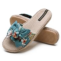 Summer House Slippers for Women with Floral Bow Linen Open Toe House Shoes Flax Indoor Slip On with Low Arch Support Rubber Sole