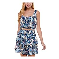 Womens Blue Tie Pullover Top with Elastic Bottom Floral Sleeveless Scoop Neck Crop Top Juniors XXS