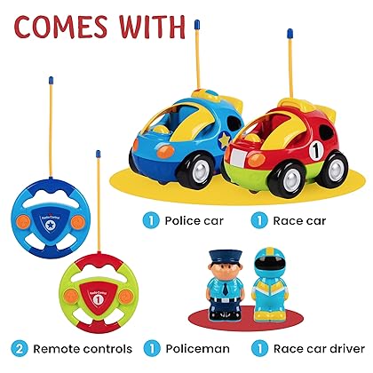 PREXTEX Toddler Remote Control Car, 2pk - Two Cartoon RC Cars: Police & Race Car - Birthday Gifts - Toddler Toys - Gift Toys for 3+ Year Old Boys, 3 Year Old Boy Toys, Car Toys for Boys 3-5 Years Old