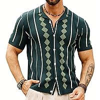 GRACE KARIN Mens Cuban Stripe Shirt Vintage Knit Short Sleeve Button Polo Shirts