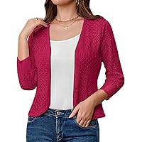 GRACE KARIN Women's Hollow Out Open Front 3/4 Sleeve Knit V Neck Crop Cardigan for 2024 Spring Summer Fall Rose Red L