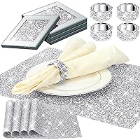 12 Pcs Silver Napkin Rings Silver Rhinestone Placemat Glass Mirrored Coaster Set Includes 4 Circle Placemats 4 Glass Coasters 4 Glass Napkin Holder for Dinning Table Wedding Banquets (Square)