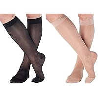 ABSOLUTE SUPPORT (2 Pairs) Sheer Compression Knee High Nylon Firm Support Stockings for Women 20-30mmHg - Made in USA - Beige & Black, X-Large