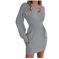 Women Turtleneck Cable Sweater Dress Lantern Sleeve Jumper Dresses Trendy Fall Winter Knitted Pullover Midi Dress