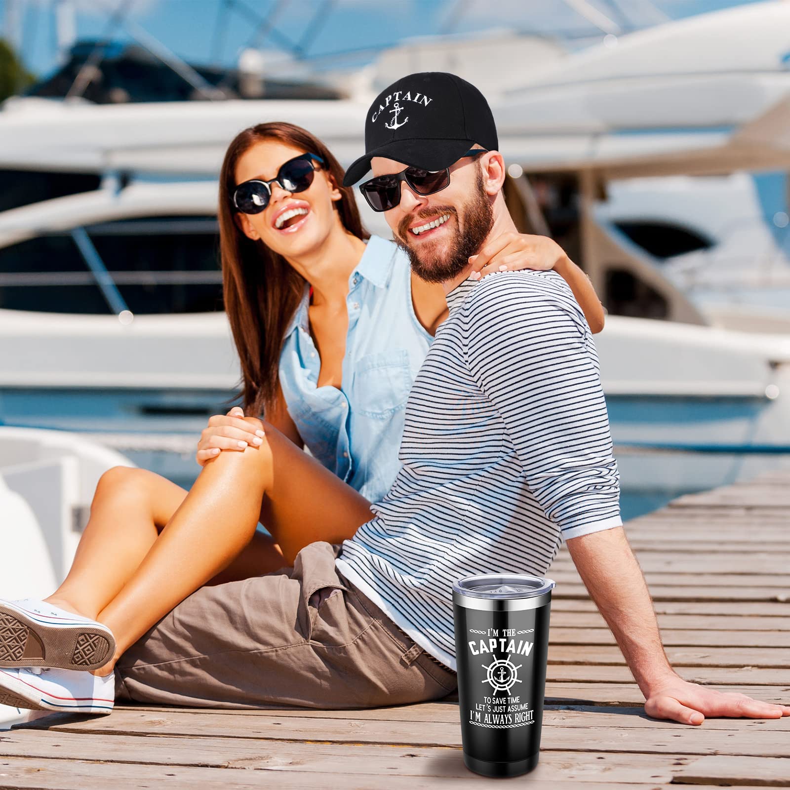 Handepo Boating Accessories Gifts for Men Boat Captain Cap I'm Captain Tumbler Boating Baseball Cap Nautical Cups Stainless Steel Coffee Mug Summer Gifts (Black)