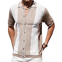 Mens Knit Polo Shirts 70s Vintage Striped Short Sleeve Button Down Lightweight Casual Shirt 2024 Spring Summer
