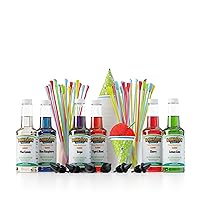 Syrup Assortment with 6 - 16oz Bottles, 50 Snow Cone Cups, Spoon Straws, and Pouring Spouts. Flavors: Tiger’s Blood, Pina Colada, Blue Raspberry, Grape, Cherry, Lemon-Lime