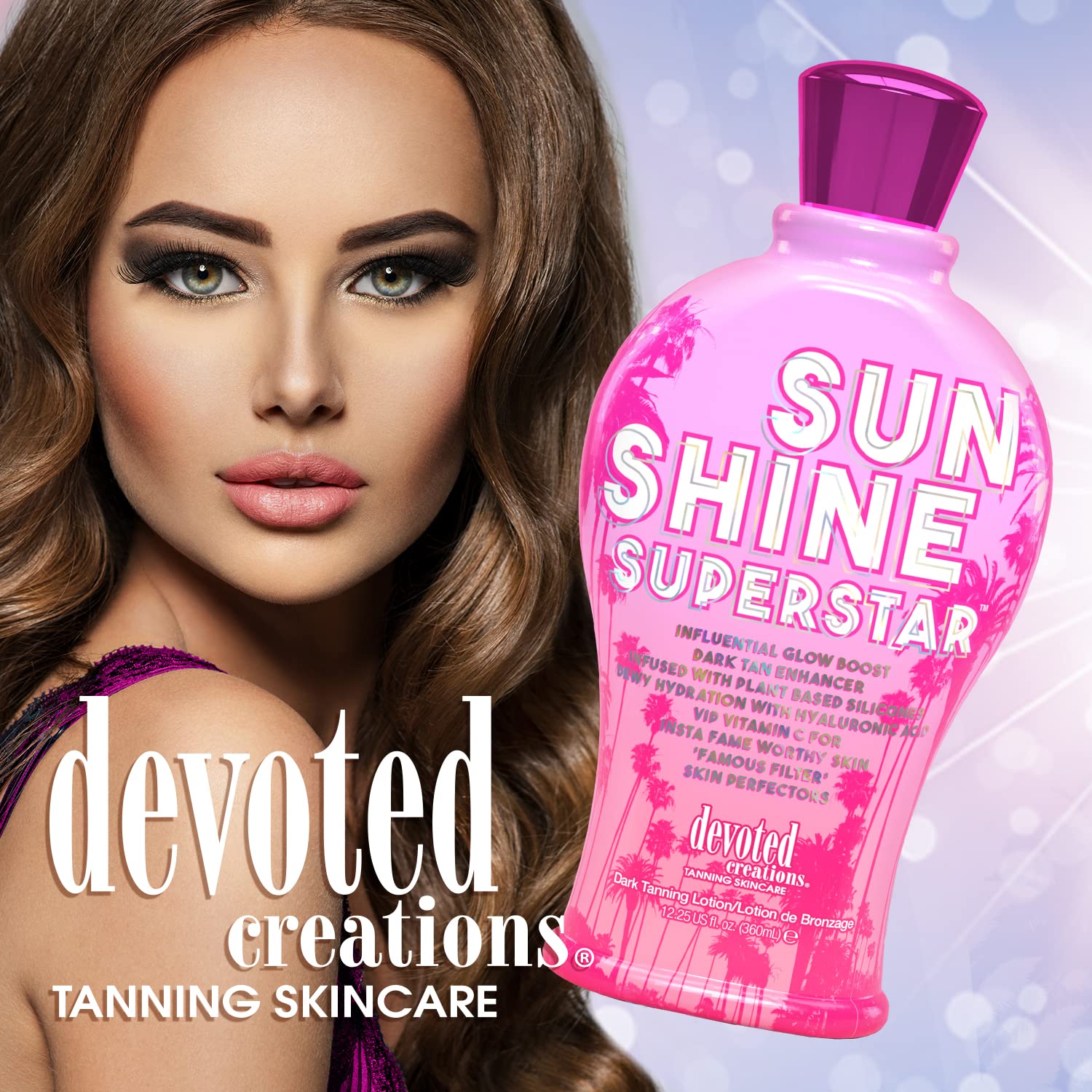 Devoted Creations Sunshine Superstar - Influential Glow Boost Dark Tan Enhancer - Infused with Plant Based Silicones Skin Smoothing Hyaluronic Acid - VIP Vitamin C for Insta Fame Worthy Skin - Formulated with the ‘Famous Filter’ 4K Skin Perfectors - 12.25