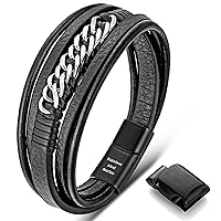 murtoo Mens Bracelet Leather and Steel, Leather Bracelets for Men with Stainless Steel Chain, Ideal Gift for Boyfriend Husband Father