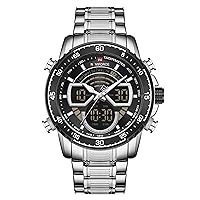 NAVIFORCE Mens Watch Chronograph Waterproof Sport Analog Digital Quartz Watches Business Fashion Stainless Steel Military Multifunctional Wristwatches (Silver)