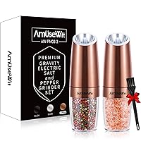 AmuseWit Gravity Electric Pepper and Salt Grinder Set [White Light] Battery Operated Automatic Pepper and Salt Mills with Light,Adjustable Coarseness,One Handed Operation,Copper