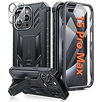 FNTCASE for iPhone 15-Pro-Max Case: Military Grade Drop Proof Rugged Protective Cell Phone Cover with Kickstand & Built-in Protector | Matte Textured Shockproof TPU Hybrid Bumper Cases (Black)