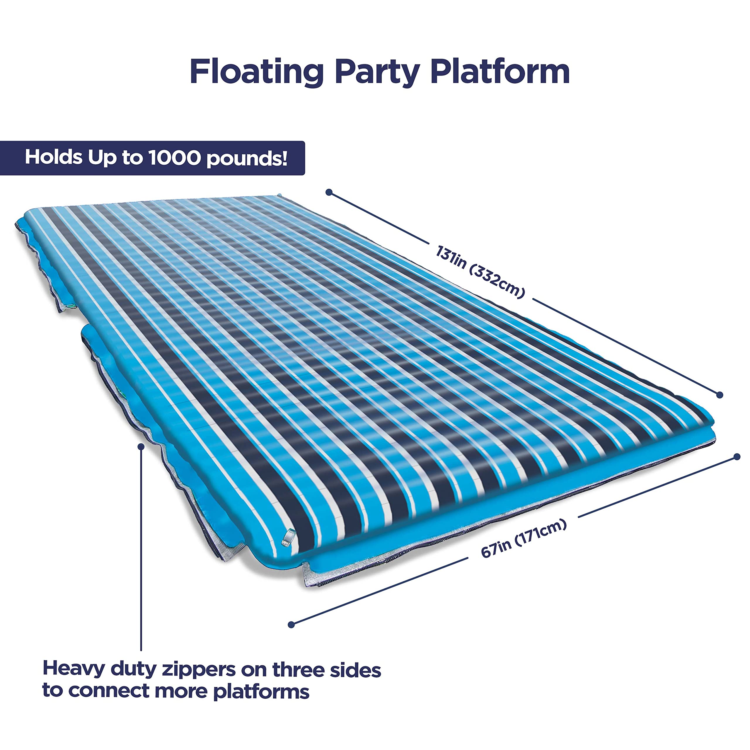 Aqua Supersized  Floating Water Mat – Heavy Duty Floating Island Pad with Expandable Zippers – Navy/White Stripe