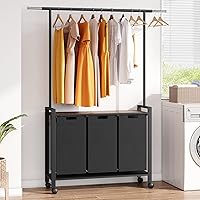 Laundry Sorter 3 Section Laundry Hamper Sorter with Clothes Hanging Rod and Wooden Storage Shelf 3 X 13gal Laundry Basket Organizer for Laundry Room Organization Storage Baskets, Black