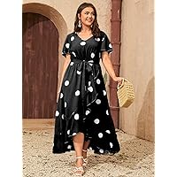 Plus Women's Dress Plus Polka Dot Print Neck Wrap Hem Belted Dress (Color : Black, Size : XX-Large)