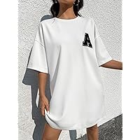 2023 Women's Dresses Letter Patched Drop Shoulder Tee Dress Women's Dresses (Color : White, Size : Medium)