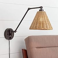 Barnes and Ivy Rowlett Swing Arm Adjustable Wall Mounted Lamp with Cord Bronze Plug-in Light Fixture Natural Rattan Shade for Bedroom Bedside House Reading Living Room Home Hallway Dining