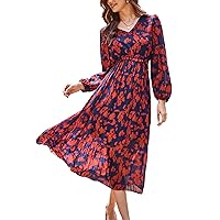 GRACE KARIN Womens 2023 Boho Floral Maxi Dress V Neck Long Sleeve Casual Ruffle Smocked A-line Pleated Flowy Beach Dress