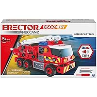 Meccano Fire Truck Toy Model Car Kit (152 pcs): Battery-Powered Siren Sound, Lights & Swiveling Ladder (Ages 5+) STEAM Vehicle Building Set with 2 Kid Construction Tools, 150 Snap-in Parts & Stickers