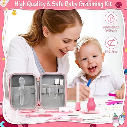 31Pcs Baby Healthcare and Grooming Kit modacraft Baby Safety Set with Hair Brush Scale Measuring Spoon Nail Clippers Lighting Ear Cleaner for Nursery Newborn Baby Girls Boys Kids Pink
