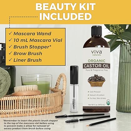 Organic Castor Oil for Eyelashes and Eyebrows - 16 fl oz, USDA Organic, Pure Hexane-Free Moisturizer Traditionally Used for Hair Growth, Natural Skin and Eyelash Serum, Cold Pressed with Beauty Kit