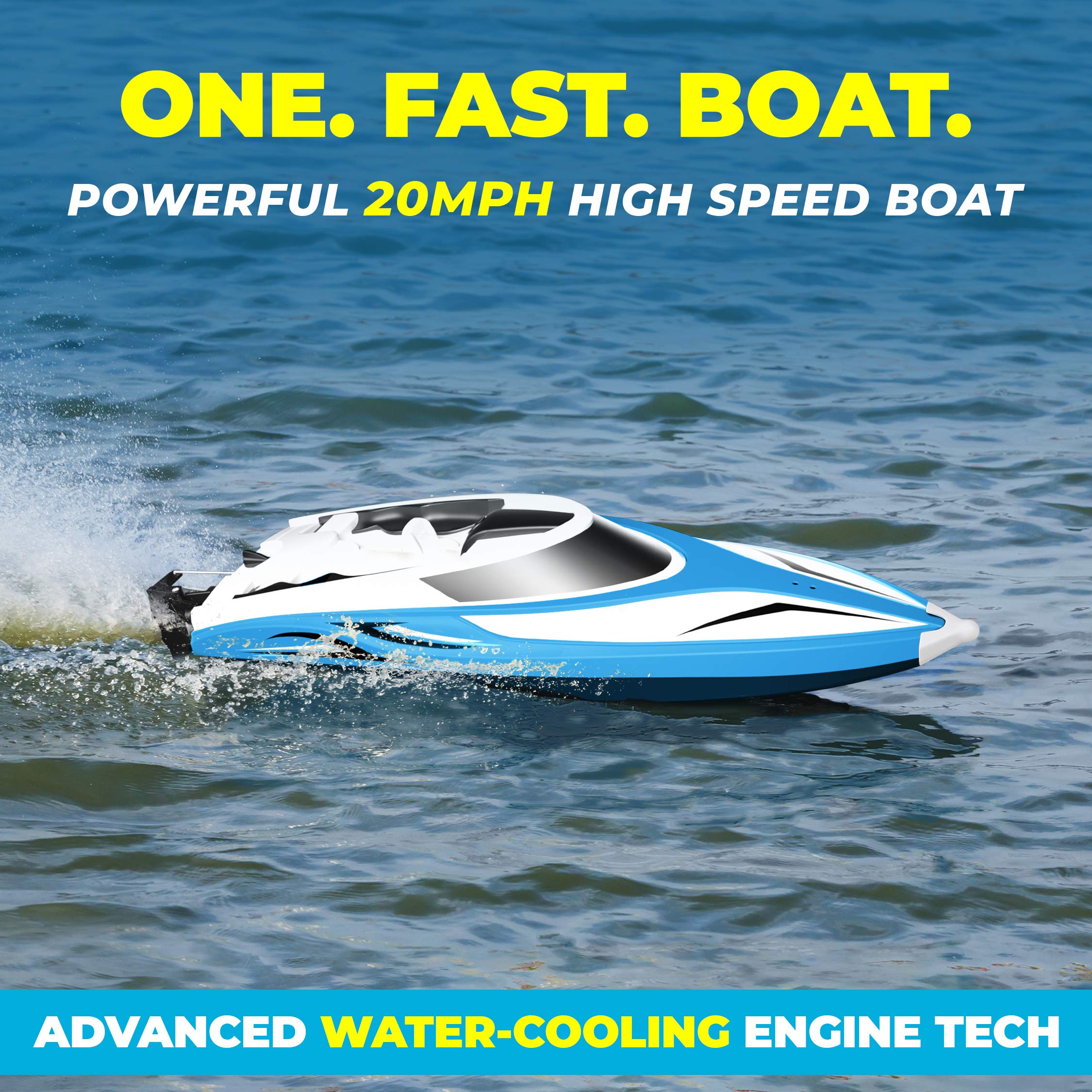 Force1 Velocity H102 RC Boat - Remote Control Boat for Pools and Lakes, Fast RC Boats for Adults and Kids with 20+ mph Speed, 4 Channel 2.4GHZ Remote Control, and Rechargeable Boat Battery (Blue)