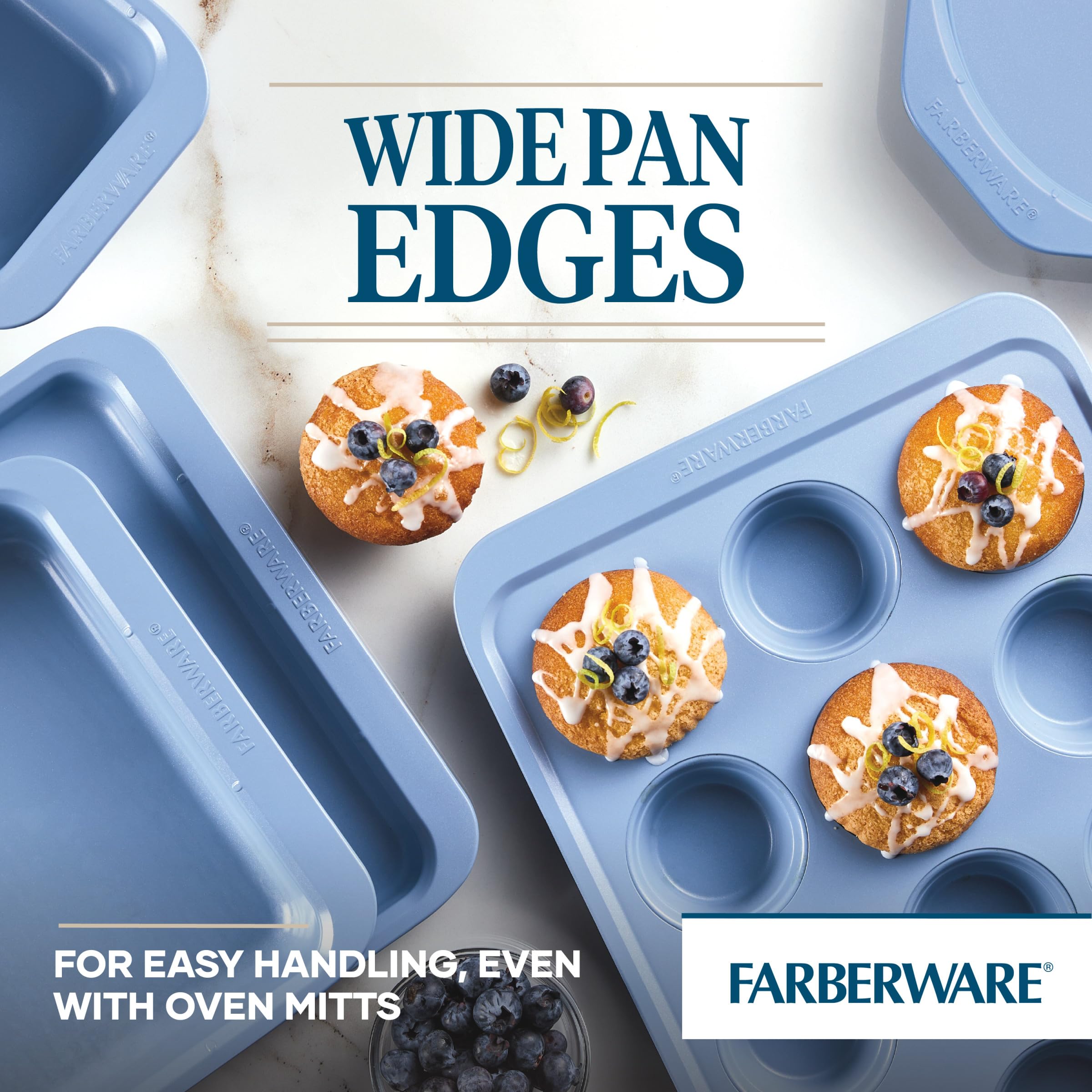 Farberware Easy Solutions Nonstick Bakeware/Baking Set, Includes Cookie Pans, Loaf Pan, and Cake Pan, 4 Piece - Blue