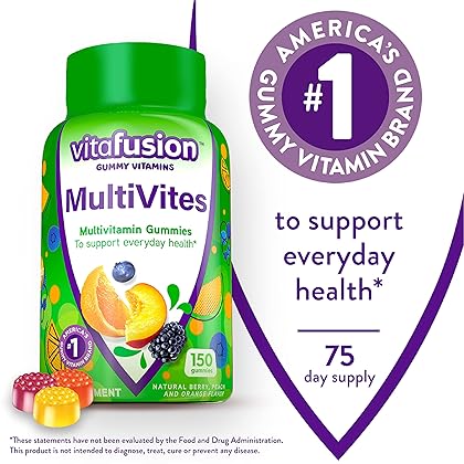 Vitafusion MultiVites Gummy Multivitamins for Adults with 12 Vitamins and Minerals, Berry, Peach and Orange Flavored, America’s Number 1 Gummy Vitamin Brand, 75 Day Supply, 150 Count