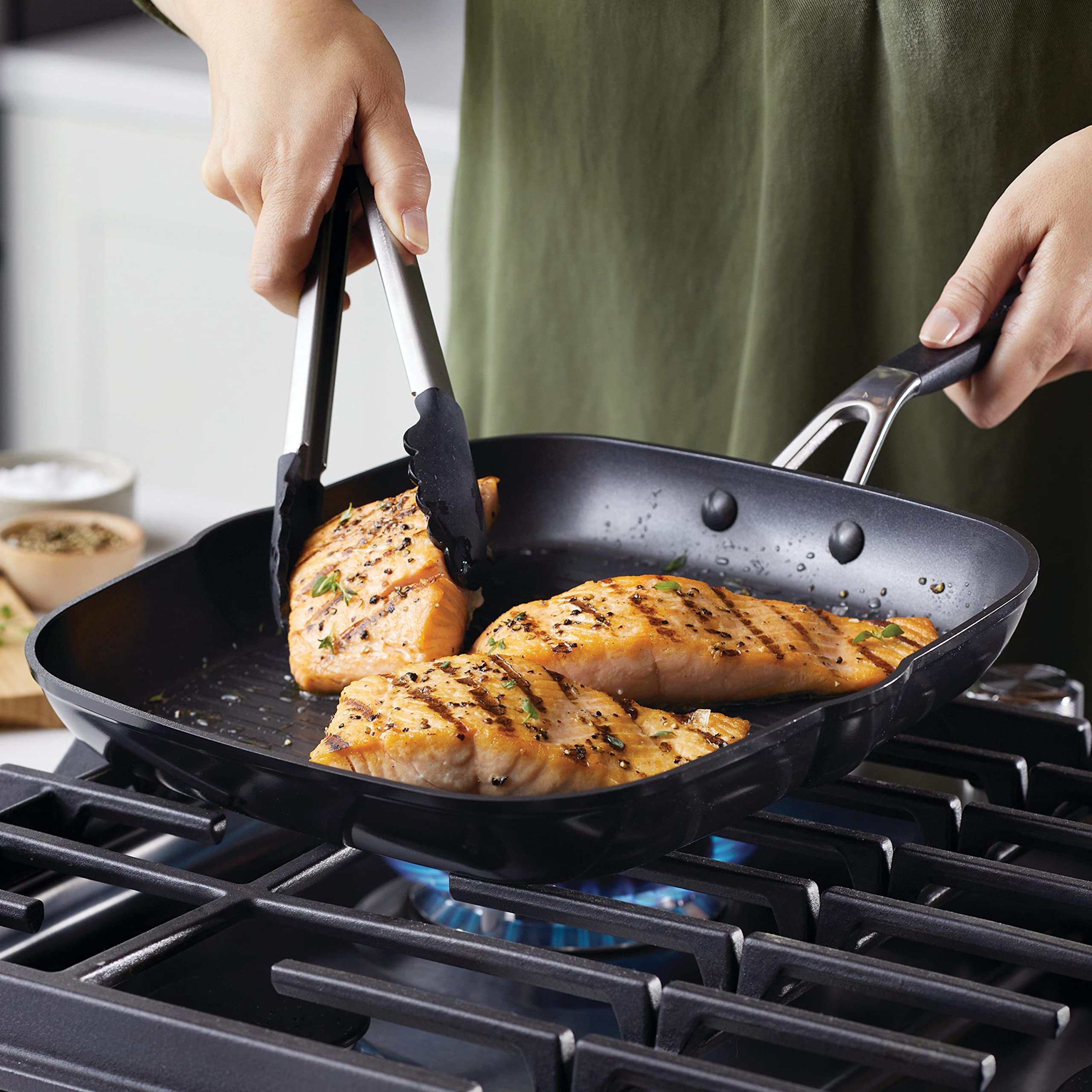 KitchenAid Hard Anodized Nonstick Square Grill Pan/Griddle with Pour Spouts, 11.25 Inch, Onyx Black