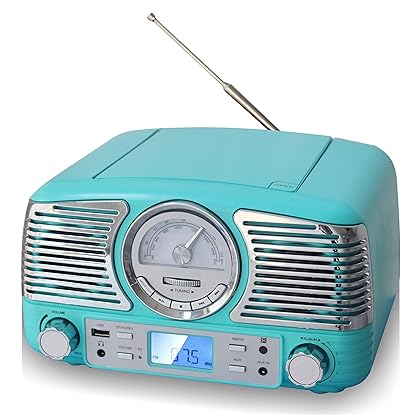 TechPlay QT62BT, Retro Design Compact Stereo CD, with AM/FM Rotary knob, Wireless Bluetooth Reception, and USB Port. with AUX in and Headphone Jack (Turqouise)