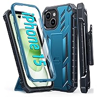 FNTCASE for iPhone 15 Phone Case: Military Grade Shockproof Full Protective Rugged Cell Phone Cover with Kickstand & Belt-Clip Holster, Heavy Duty Drop Proof Hard iPhone 15 Cases 5G - 6.1 Inch Blue