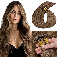 MY-LADY I Tip Hair Extensions Human Hair 100 Strands 16 Inch Medium brown mix Dark Blonde Pre Bonded ITip Human Hair Extensions Cold Fusion Stick Tip Hair Extensions 50g