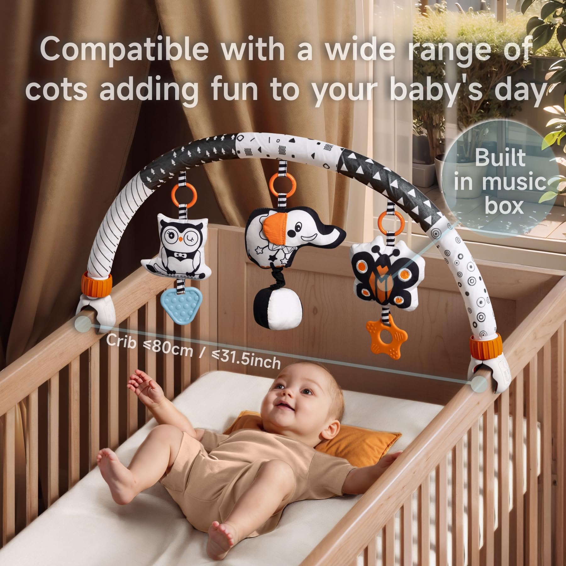 TUMAMA Car Seat Toys for Babies 0-6 Months, Stroller Toys for Infant 0-6 Months, Newborn Sensory Hanging Rattle Arch Toy with Butterfly Elephant Owls,Musical Toy for Baby 6-12 Months