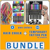 Dustless Hair Chalk (8 colors) Plus Temporary Fake Tattoo with Gold and Silver (10 colors)