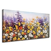 Ardemy Flowers Wall Art Canvas Daisy Colorful 3d Textured Picture Landscape Wildflowers Painting, Purple Yellow Floral Artwork Large Framed for Living Room Bedroom Bathroom Office Home Decor 48