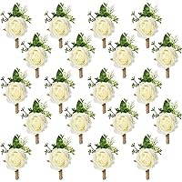Sherr 20 Pcs Ivory Rose Boutonniere for Men Wedding Corsage Rose Groom and Groomsmen Boutonniere with Artificial Fake Flower for Rustic Vintage Wedding Ceremony Anniversary Dinner Prom Party (White)