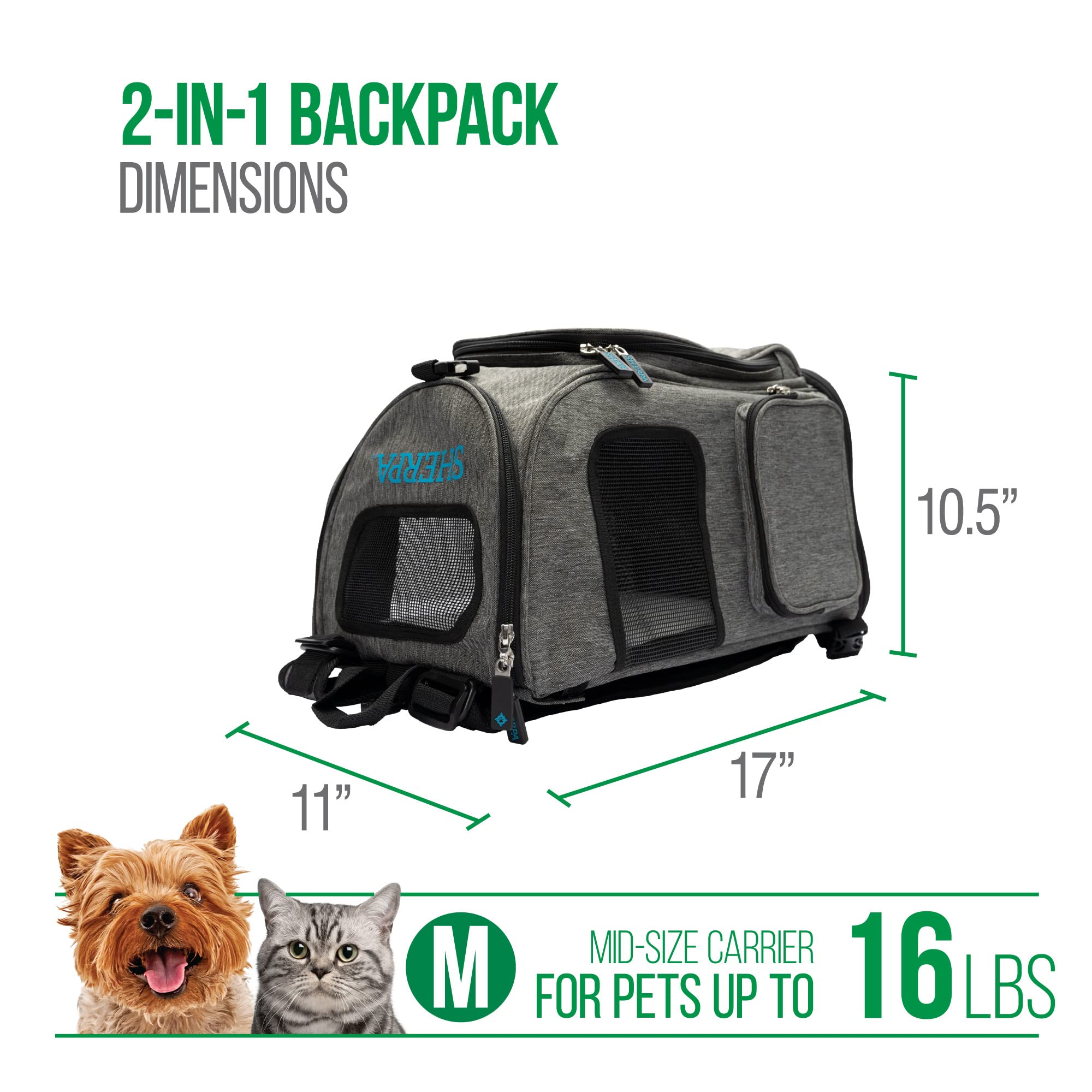 Sherpa 2-in-1 Backpack Travel Pet Carrier, Airline Approved & Guaranteed On Board - Gray, Medium