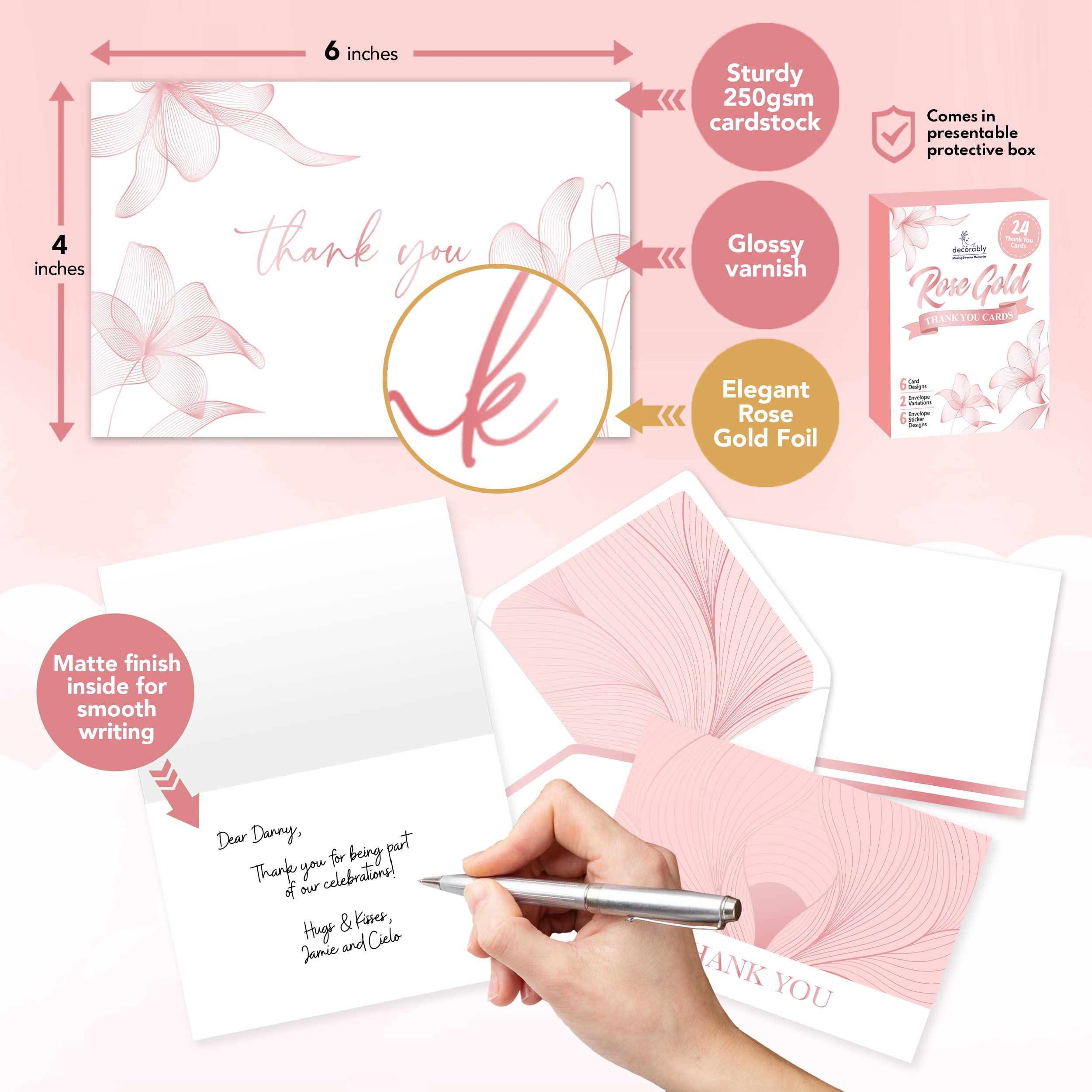 24 Rose Gold-Foiled Pink Thank You Cards with Envelopes - 6x4in Rose Gold Thank You Cards with Envelopes Pink, 6 Designs Pink Baby Shower Thank You Cards Girl, Girl Baby Shower Thank You Cards Pink