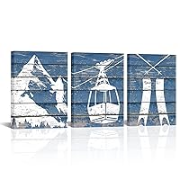 Saypeacher 3 Pieces Old Styled Snow Ski Canvas Wall Art Snow Mountain and Snowboard Picture Prints on Blue Wooden Background Winter Landscape Painting for Home Living Room Decor Framed Ready to Hang