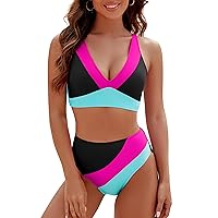 Blooming Jelly Womens High Waisted Bikini Sets Sporty Two Piece Swimsuits Color Block Full Coverage Bathing Suits
