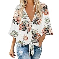 Long Sleeve Tops for Women Loose Fit Women's Casual V Neck Tops 3/4 Sleeve Tie Knot Blouses Print Button Down