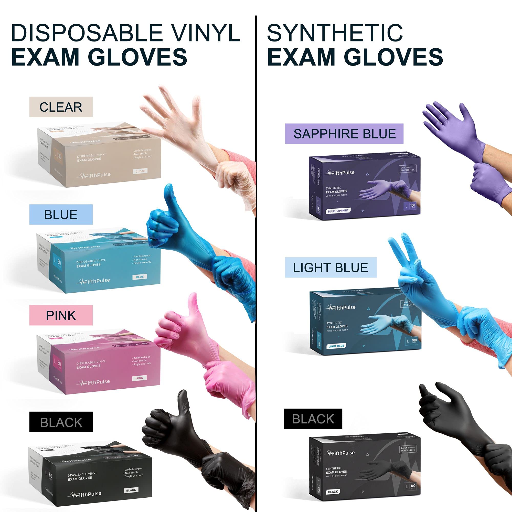 FifthPulse Black Vinyl Disposable Gloves Large 50 Pack - Latex Free, Powder Free Medical Exam Gloves - Surgical, Home, Cleaning, and Food Gloves - 3 Mil Thickness