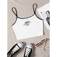 Angel & Letter Graphic Crop Ringer Cami Top (Color : White, Size : Small)