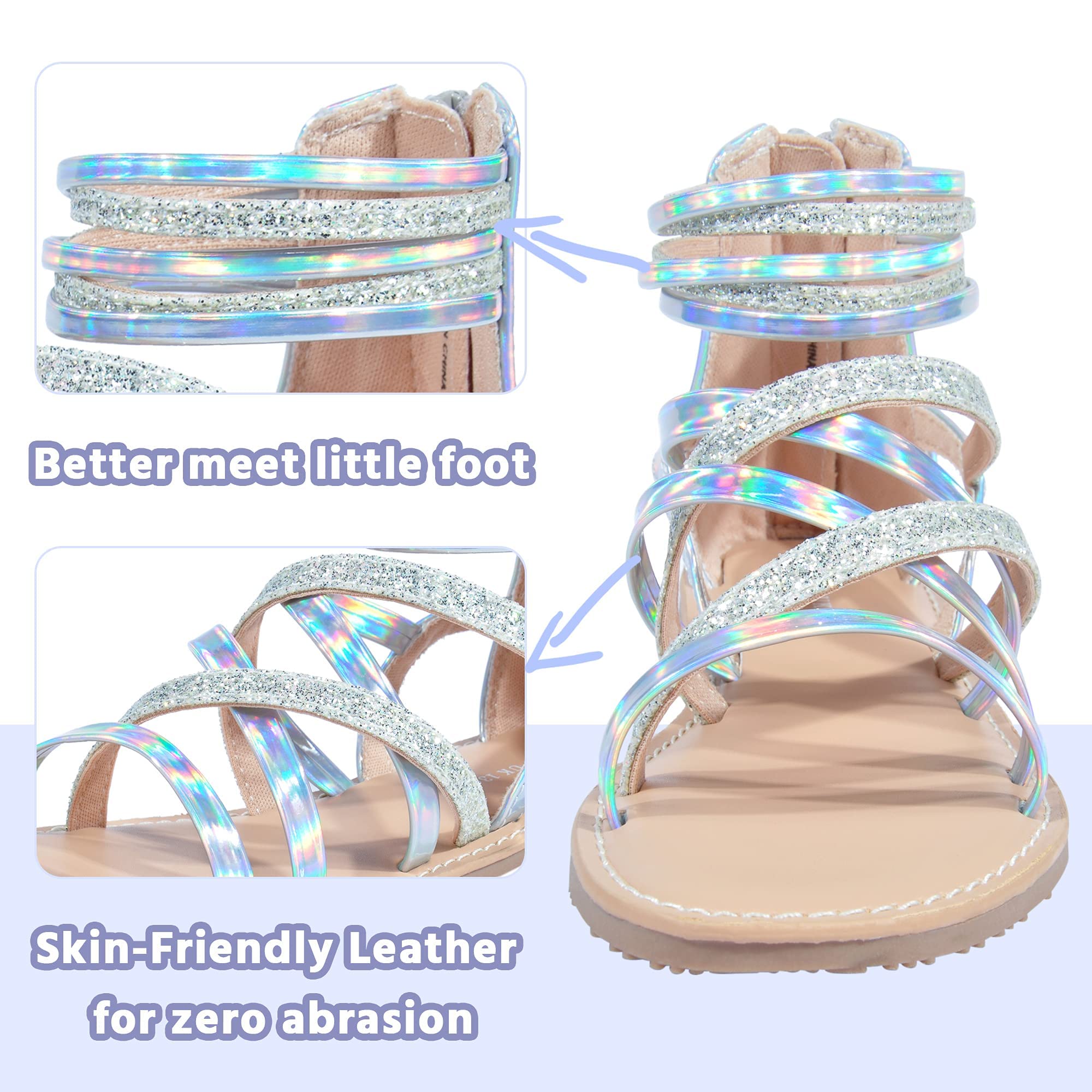 shoeslocker Girls Gladiator Sandals Summer Flat Open Toe Shimmer Shoes Strap Ankle Sandals with Back Zipper for Little Kids Big Kids