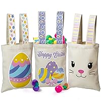 JOYIN 3 PCS Easter Reusable Canvas Gift Bags with Handles, 10”x 8” Large Bunny Easter Gift Treat Candy Bags Bulk Easter Basket for Kids Easter Party Favors and Easter Egg Hunt