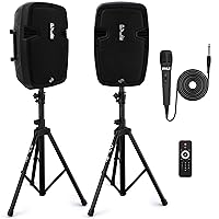 Powered PA Speaker System Active & Passive Bluetooth Loudspeakers Kit with 8 Inch Speakers, Wired Microphone, MP3/USB/SD/AUX Readers, Speaker Stands,Remote Control - Pyle PPHP849KT Black